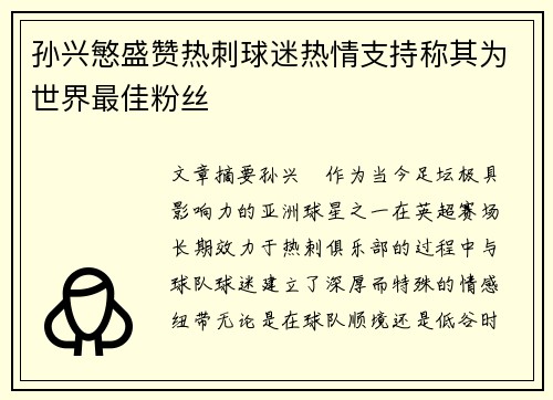 孙兴慜盛赞热刺球迷热情支持称其为世界最佳粉丝