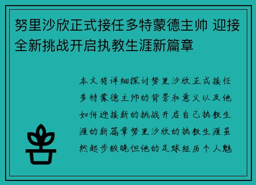 努里沙欣正式接任多特蒙德主帅 迎接全新挑战开启执教生涯新篇章