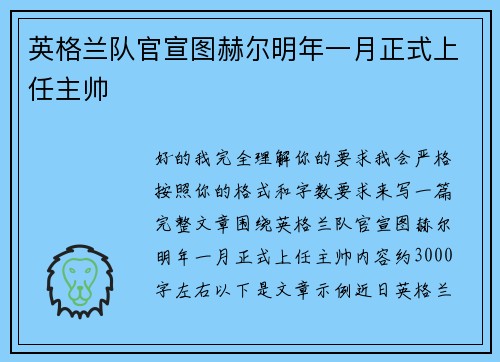英格兰队官宣图赫尔明年一月正式上任主帅